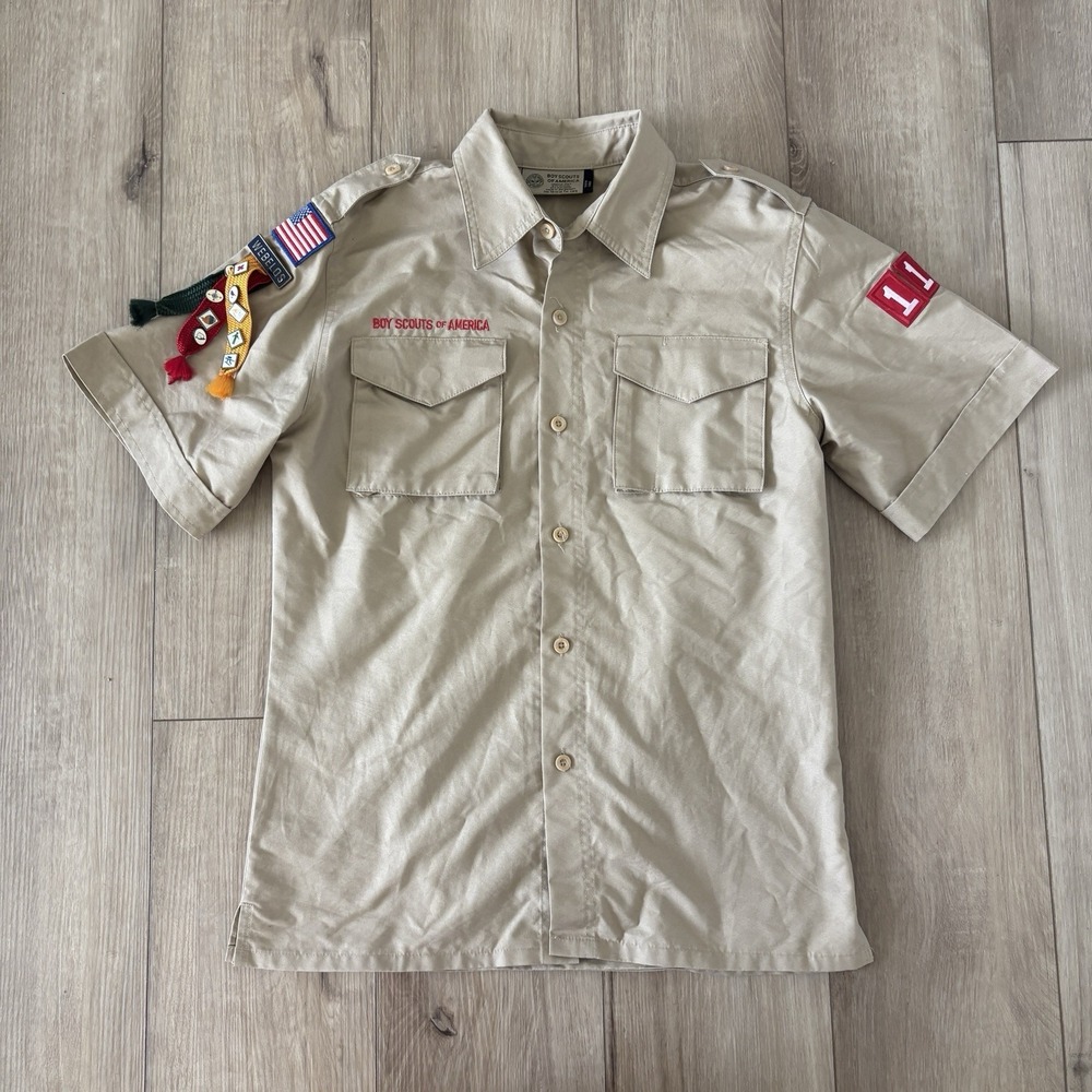 Boy Scouts of America Uniform Shirt Kids Youth Large Tan Webelos Patches Hiking